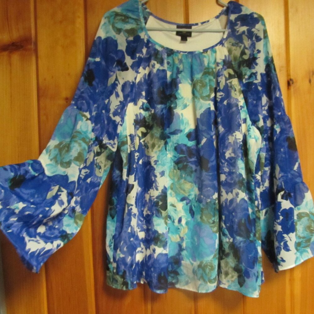 Sz L Bohemian Sheer Floral Blouse Flowy Tops Size Large Womens Blouses Blue